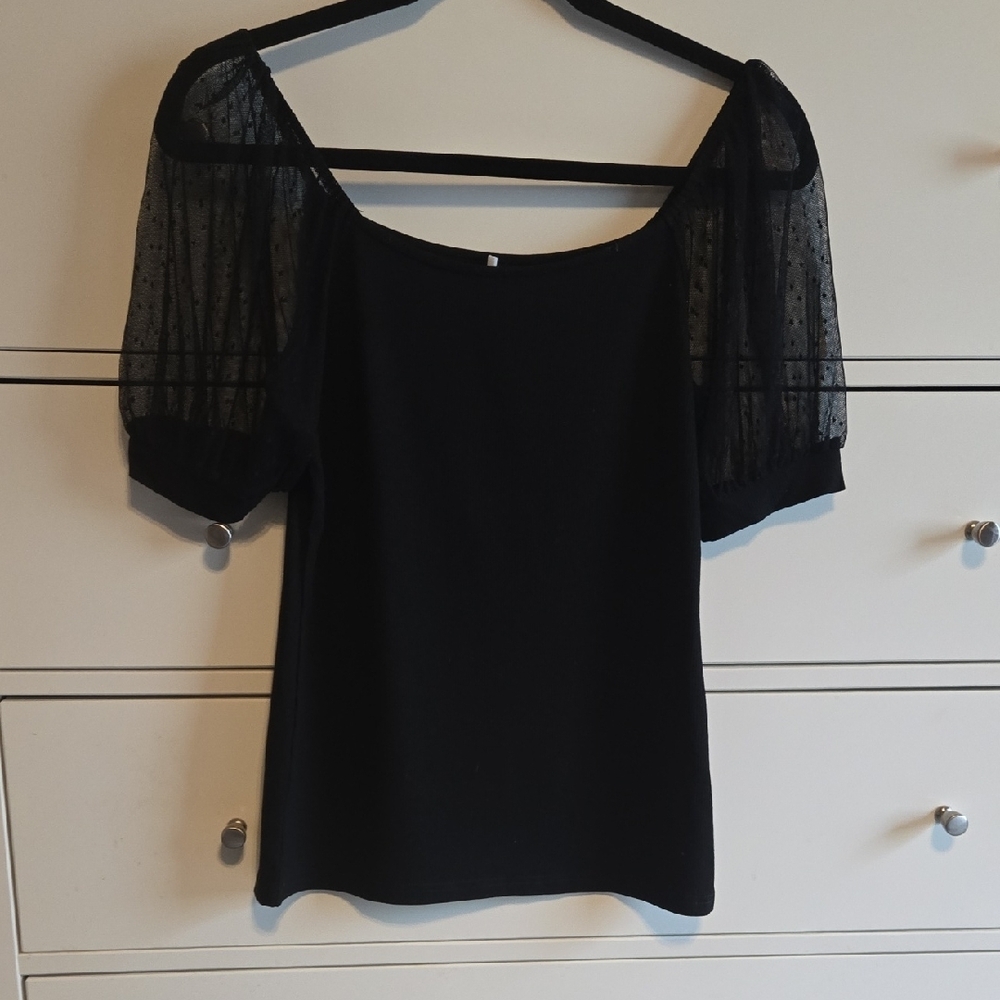 Black Sheer Polka Dot Puff Sleeve Fitted Blouse